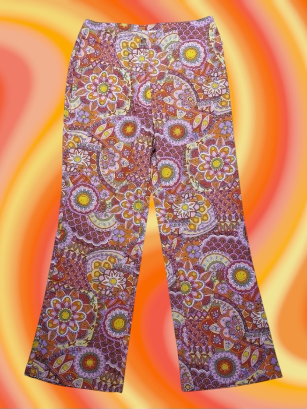 Billabong X Smiley Pants Multicolor Pink Orange High Waisted Flare Retro Boho 27